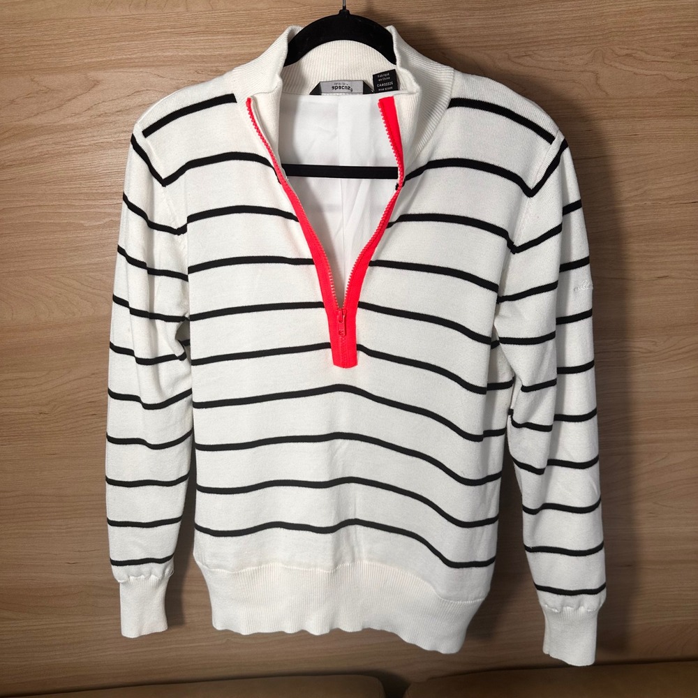 Abacus Womens Golf Sweater Medium White Black Striped Quarter Zip Knit